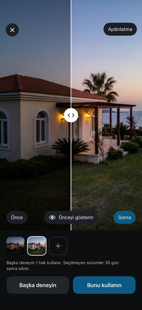 Fotoğraf iyileştirme ekranı, önce ve sonra