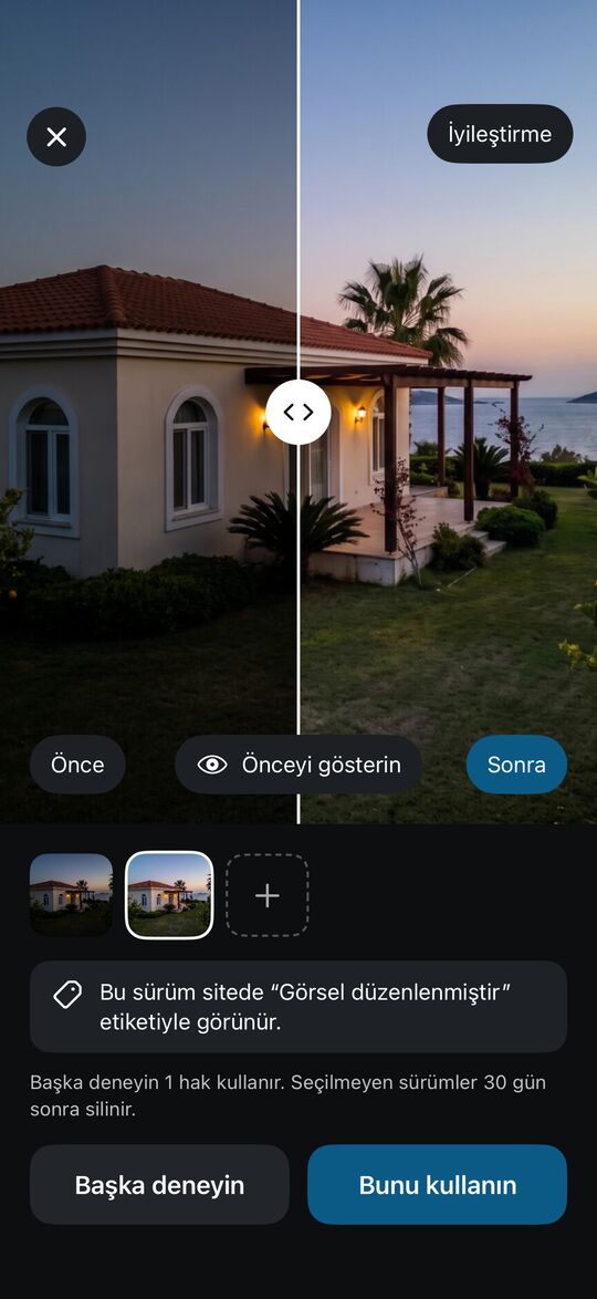 Fotoğraf iyileştirme ekranı: önce ve sonra