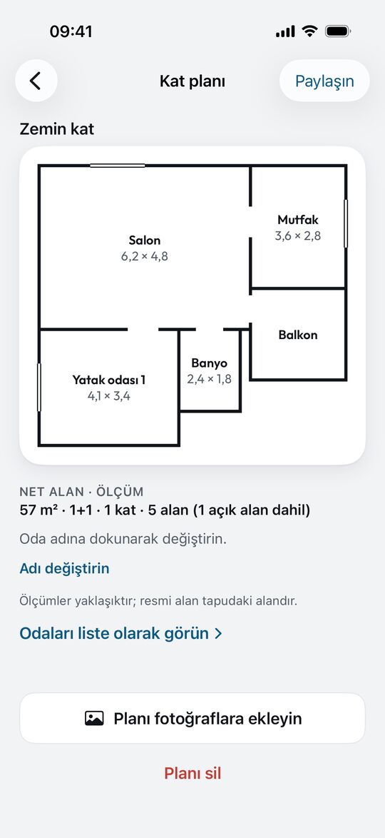 Kat planı ekranı: odalar ve net alan