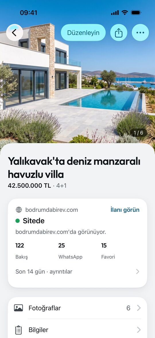 Portföy ekranı: ilan bodrumdabirev.com'da yayında, bakış ve WhatsApp sayıları