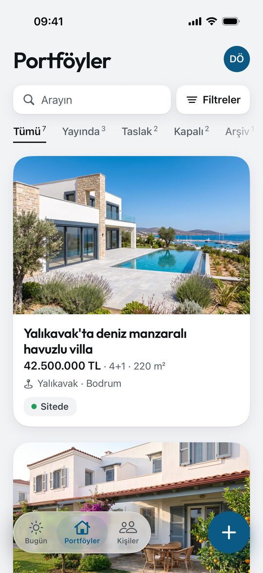 Portföyler ekranı: fotoğraflı portföy listesi