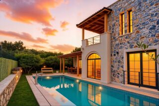 Bitez Köyiçinde Site İçi Taş Villa, Özel Havuzlu 5+2 Tripleks